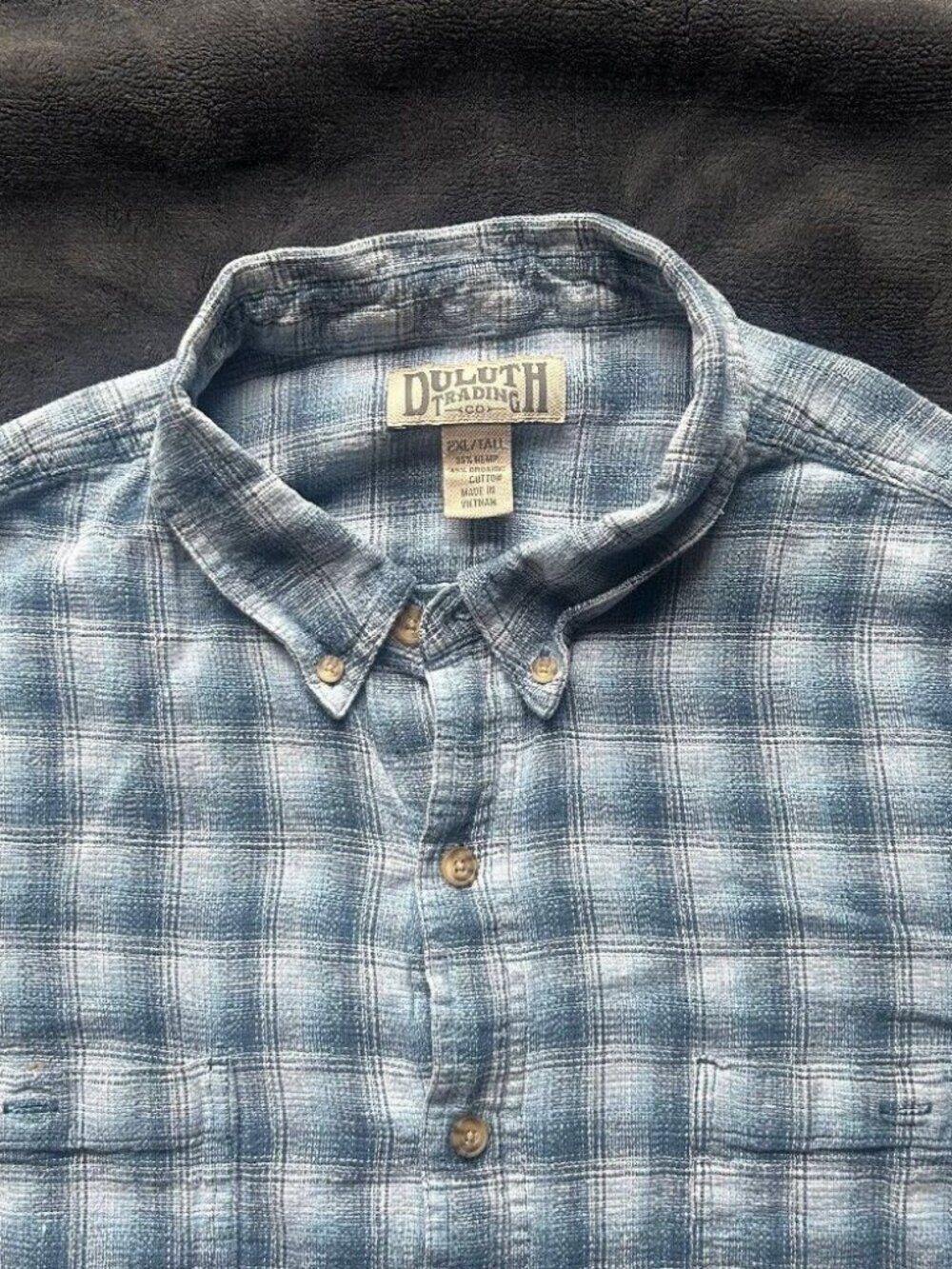 Duluth Trading Co Short Sleeve Shirt 2XL Tall Light Blue Plaid Hemp Blend